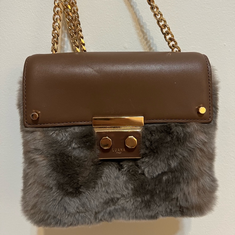 Luana Marella Brown Leather and Gray Rabbit Fur Mini Crossbody Bag